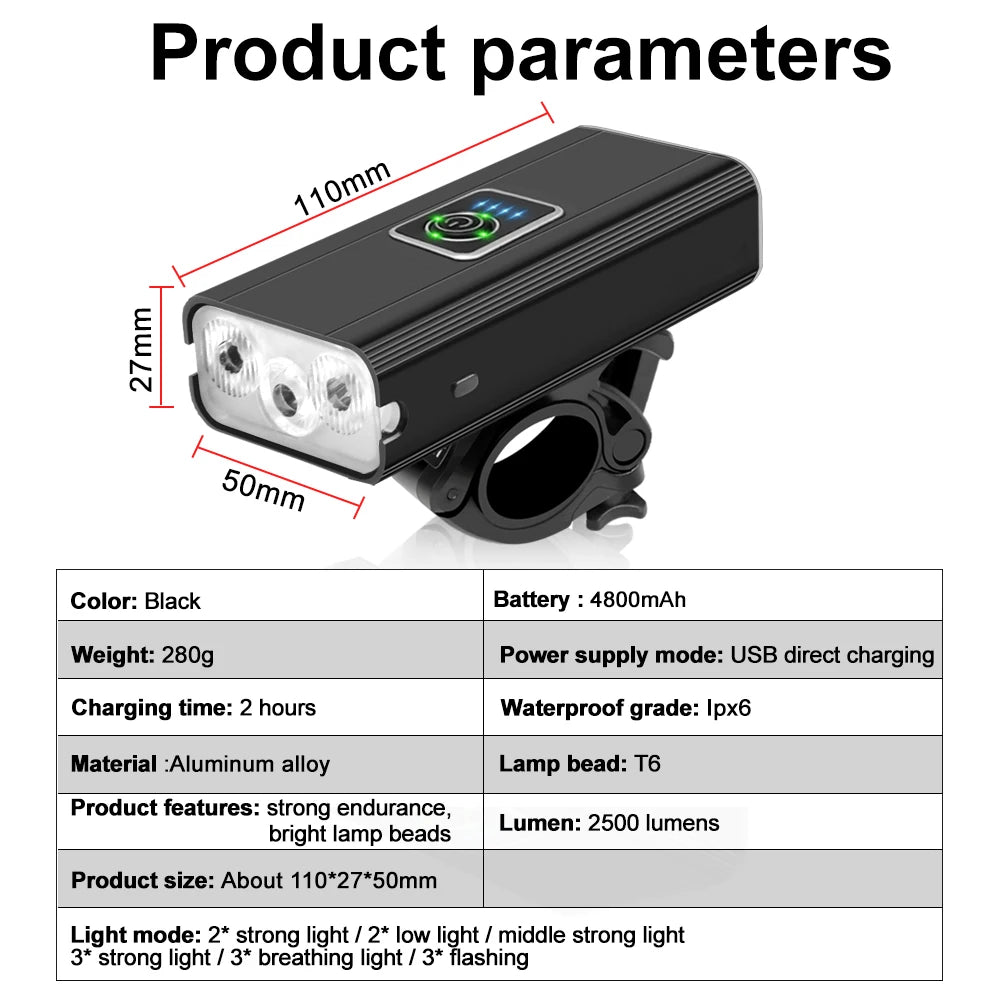 Lampe frontale de vélo à LED rechargeable par USB, lampe de poche de vélo, accessoires de vélo, 4800 lumens, 2500 mAh, 3T6